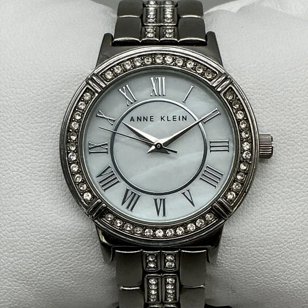 Anne Klein AK/1207 Womens Watch 32mm MOP Silver Tone Crystal New Battery 6.5